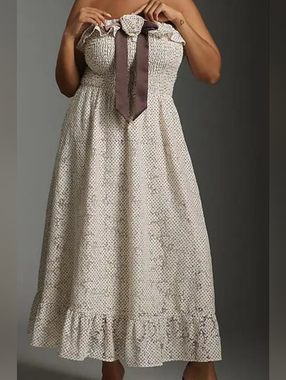 Strapless Cream Polka Dot Midi Dress with Bow